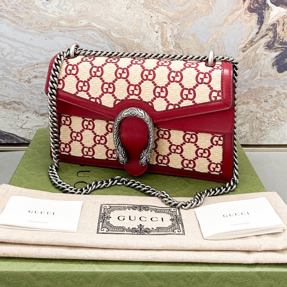 Gucci Raffia Azalea Calfskin GG Monogram Small Dionysus Shoulder Bag